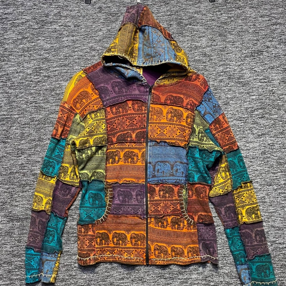 Karma Circle USA Handmade Patchwork Hoodie Women XL Elephant Print Boho Zip Up